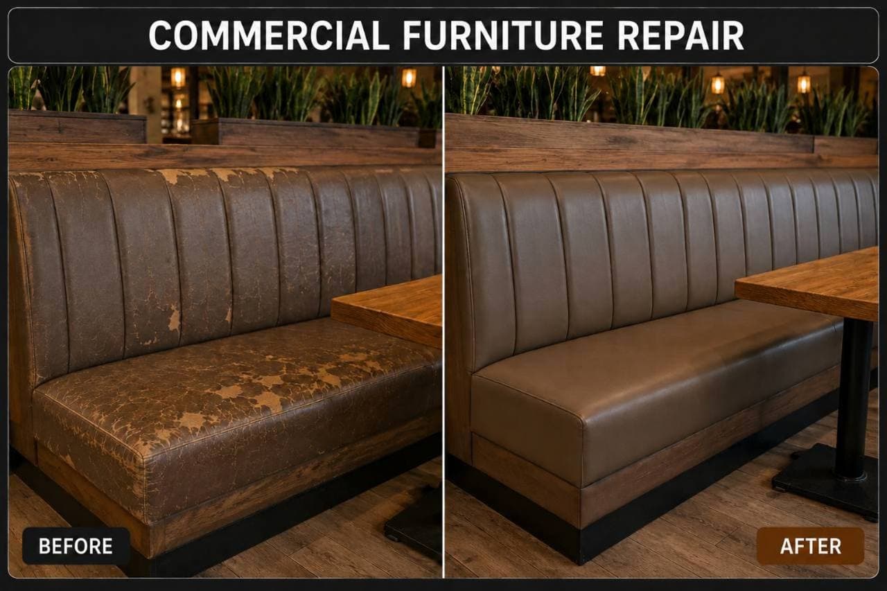 Commercial restaurant booth before and after upholstery restoration