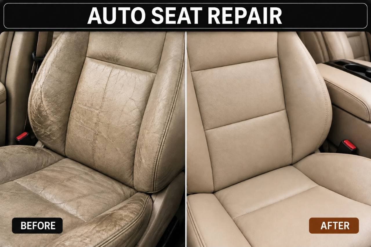 Automotive leather seat before and after professional restoration