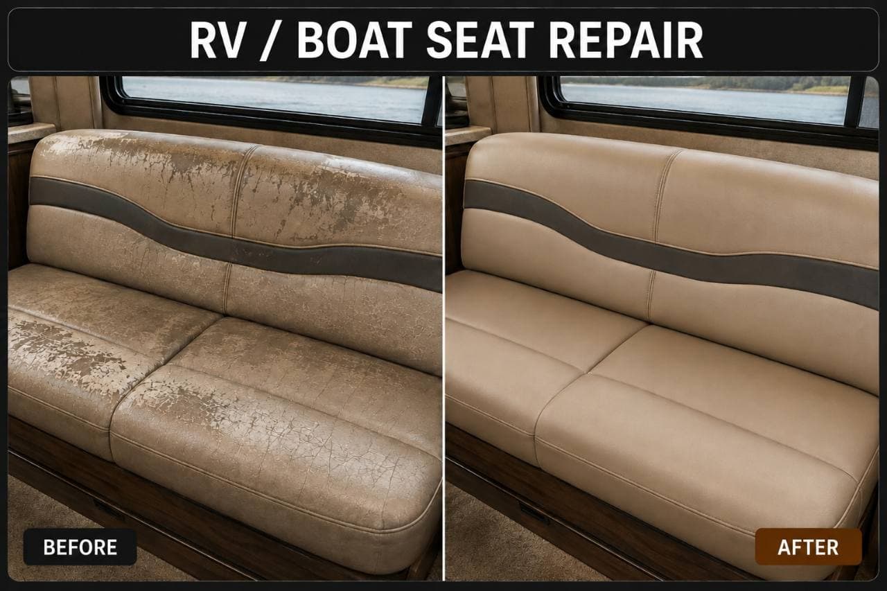 RV or boat bench seat before and after upholstery restoration