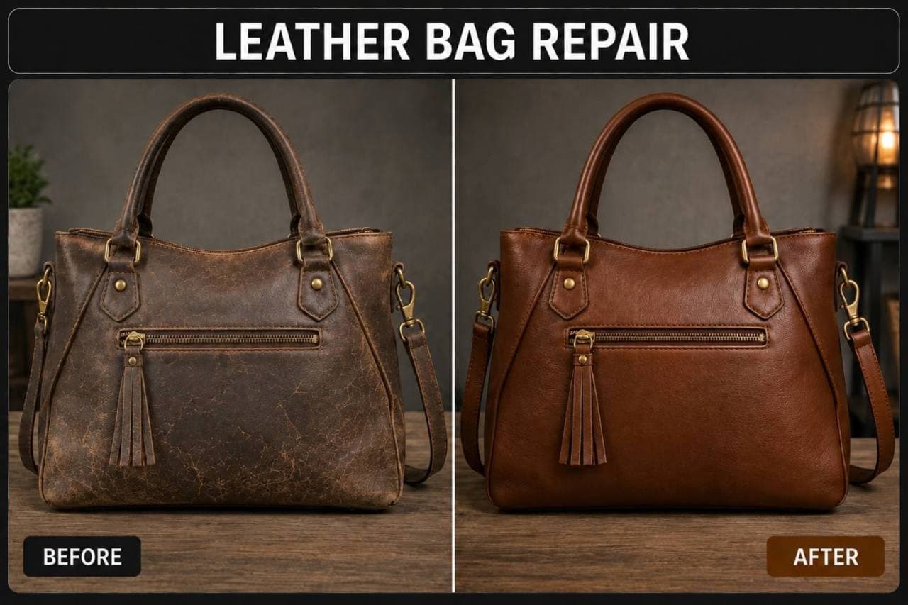 Brown leather handbag before and after professional restoration