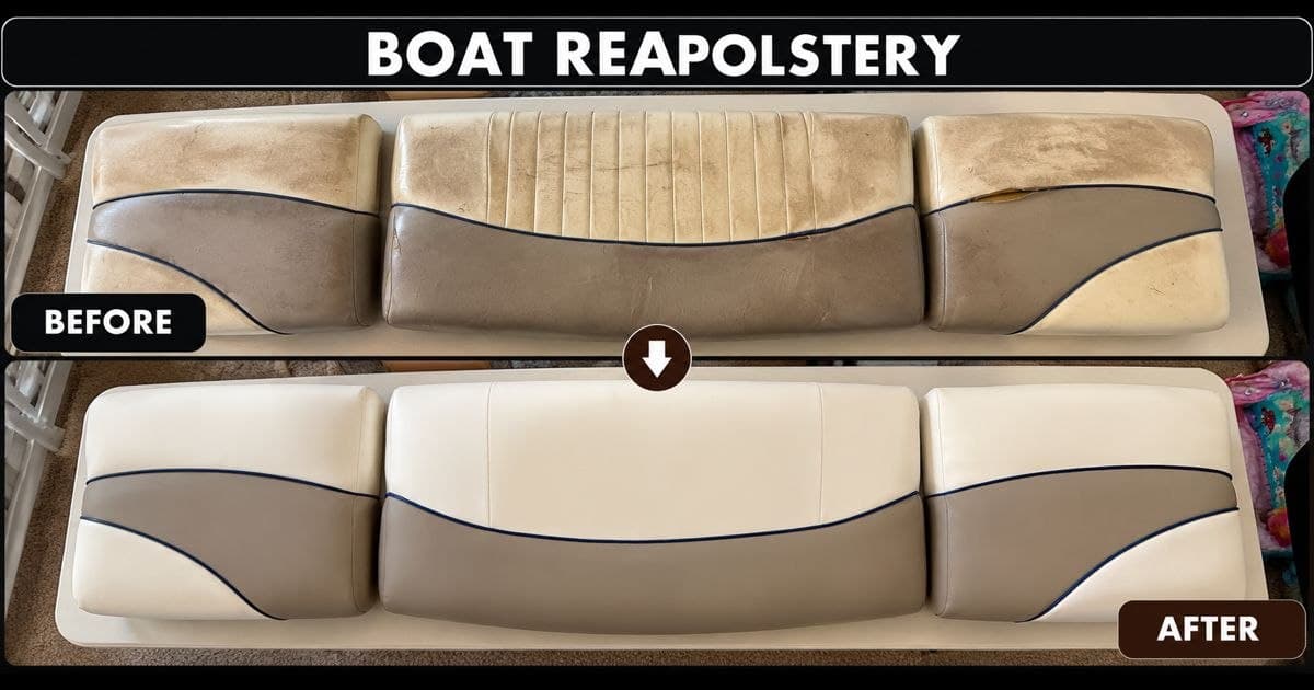 Before and after boat seat reupholstery with two-tone marine vinyl in Spokane, WA