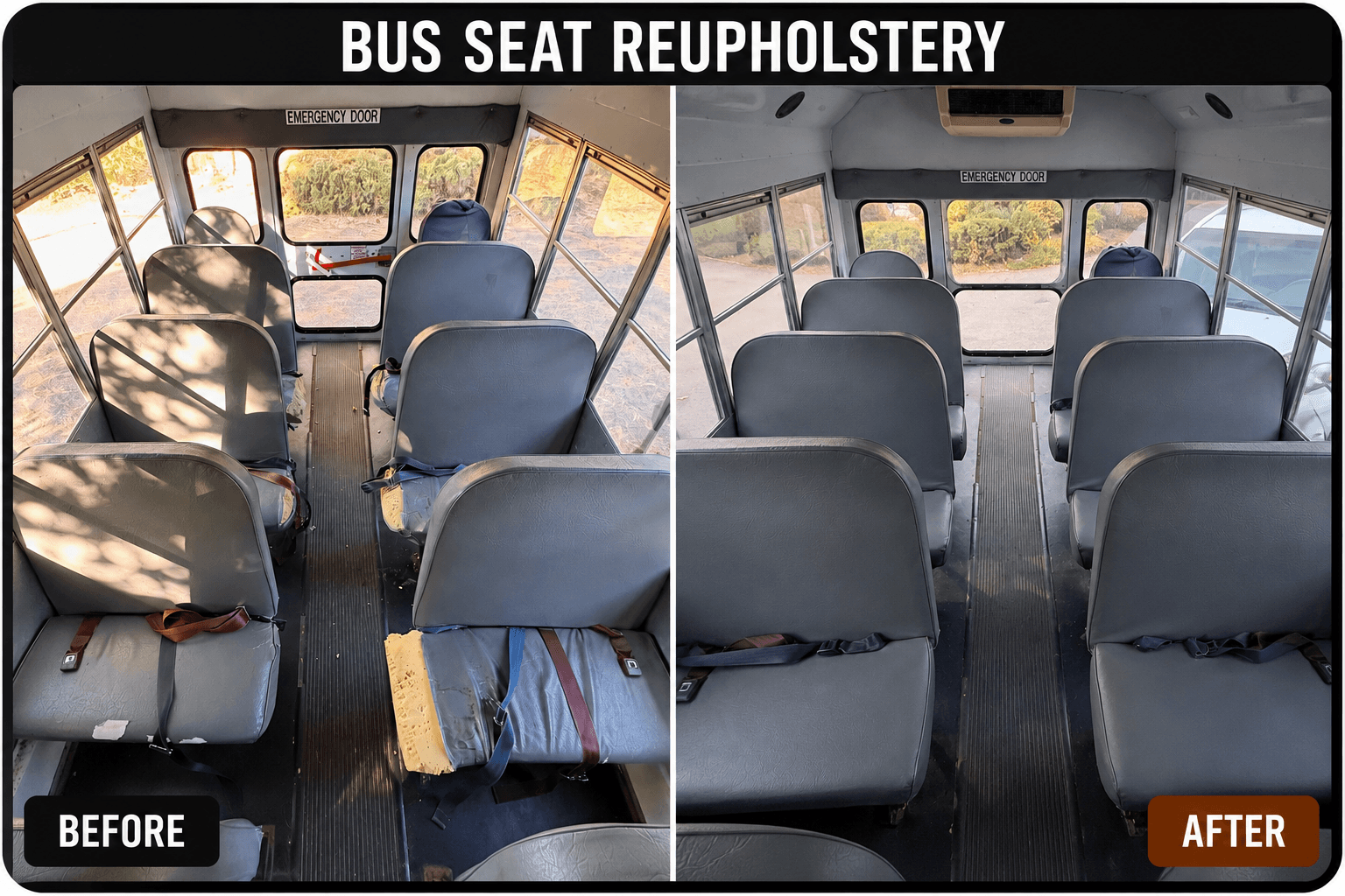 Before and after bus seat reupholstery in Spokane, WA. Damaged gray vinyl bus seats with torn cushions and exposed foam restored with new gray vinyl upholstery by Spokane Leather Repair.