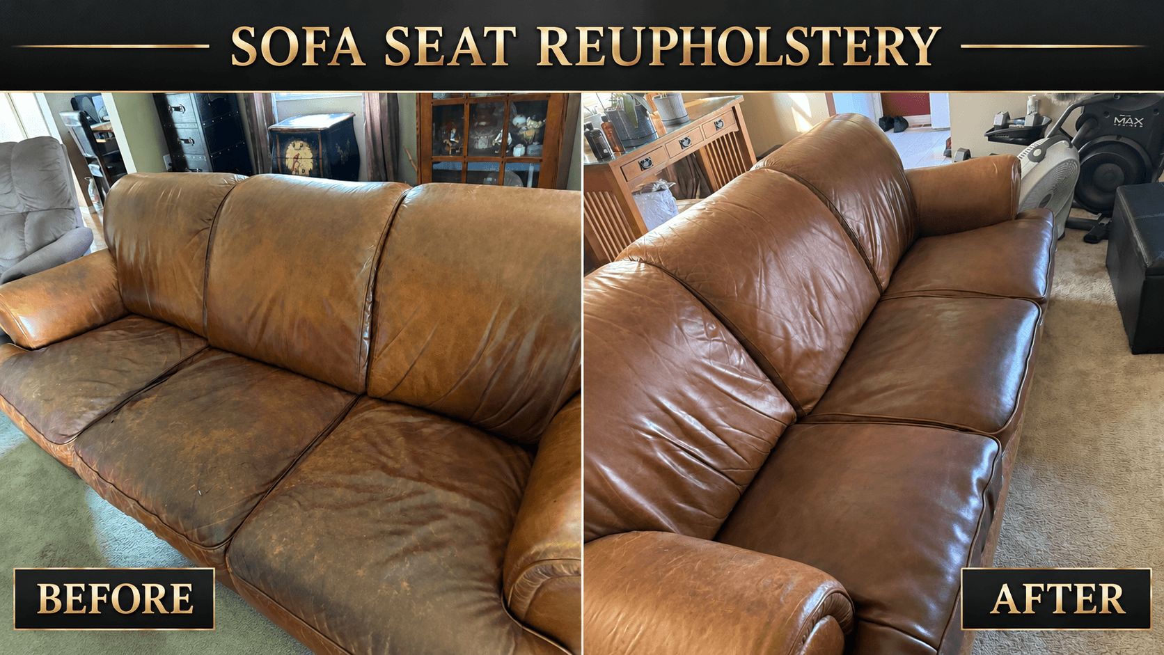Before and after leather sofa seat cushion reupholstery in Spokane, WA