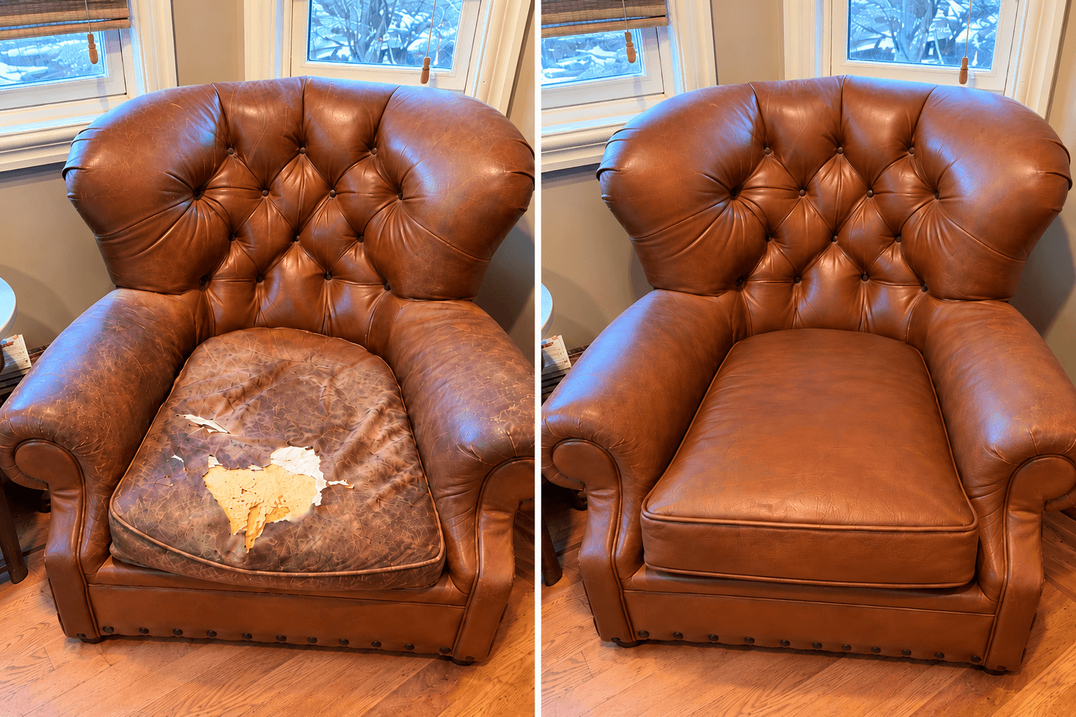 Before and after leather armchair seat reupholstery in Spokane, showing a severely worn seat cushion replaced with new brown leather.