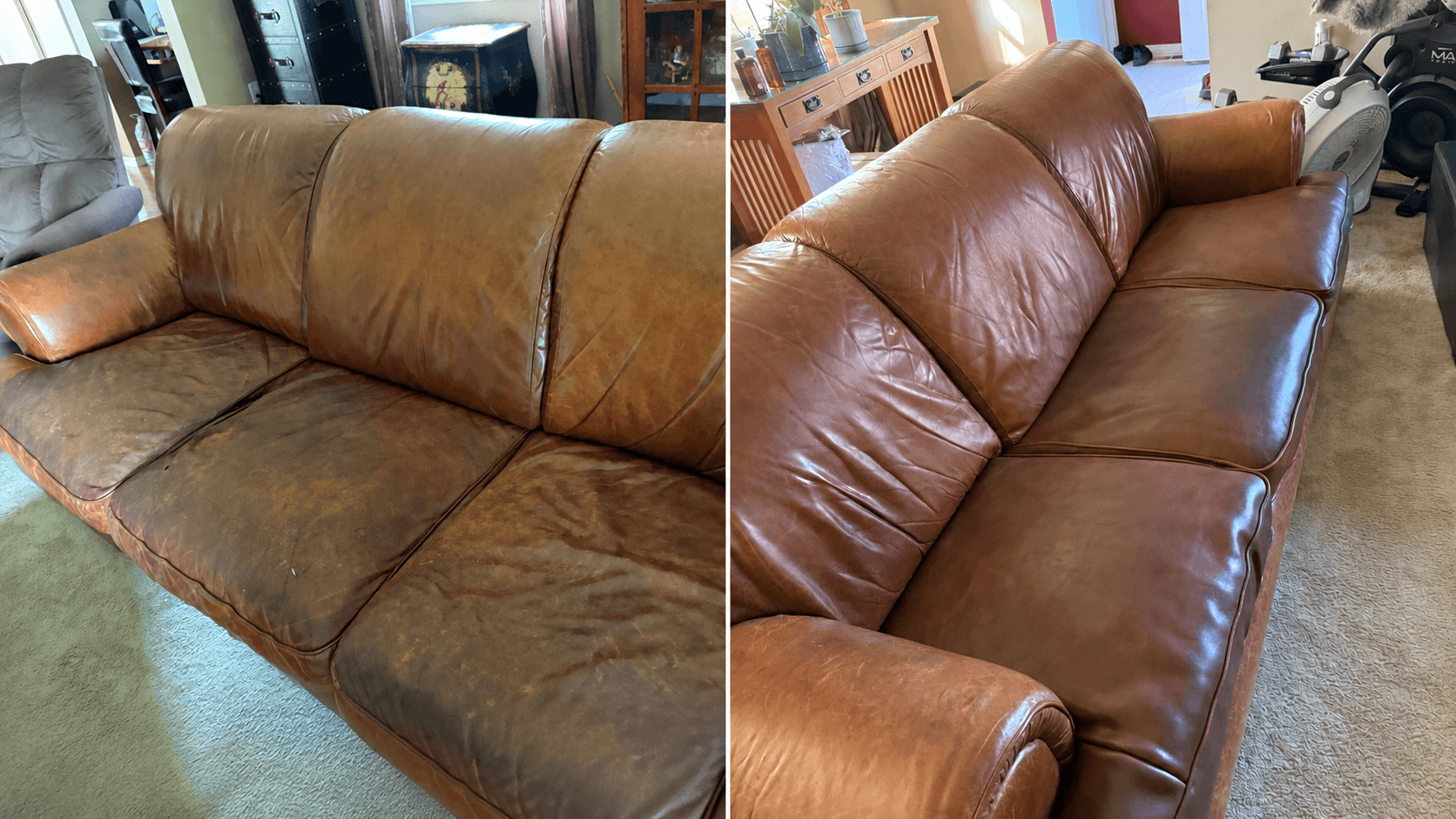 Before and after partial leather sofa reupholstery in Spokane, WA. Three heavily worn leather seat cushions on a 26-year-old brown leather couch were reupholstered, while the original backrests and armrests remained unchanged.
